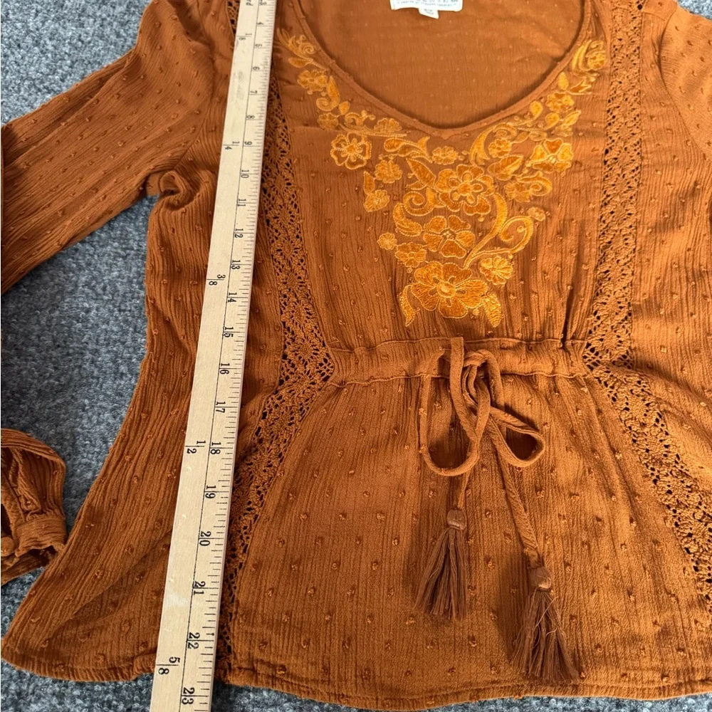 Idyllwind Romance Floral Embroidered Swiss Dot Blouse Rust Color Size Small